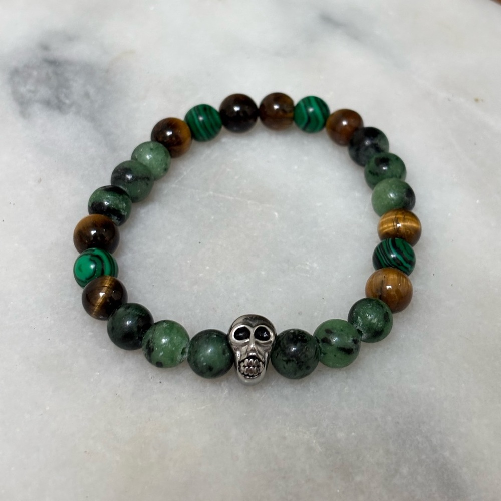 Beaded Skull Stretch Bracelet in Green and Brown